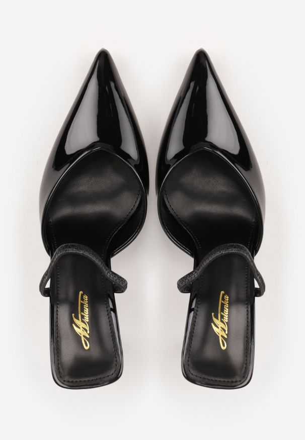 Renee - Czarne Szpilki z Odkrytą Piętą i Lakierowanym Połyskiem Kianise. Okazja: na co dzień, na imprezę. Kolor: czarny. Materiał: lakier. Obcas: na szpilce. Styl: rockowy, elegancki, casual, wizytowy