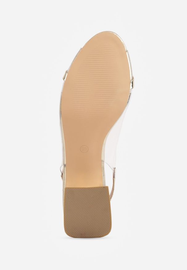 Renee - Złote Eleganckie Sandały VICES z Transparentną Cholewką i Klamrą z Cyrkoniami Qinieth. Zapięcie: klamry. Kolor: złoty. Materiał: satyna. Obcas: na obcasie. Styl: elegancki. Wysokość obcasa: średni