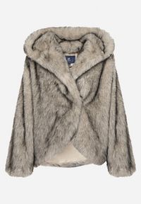 Born2be - Szara Kurtka Futerko o Kroju Oversize z Kapturem Nalienta. Okazja: na co dzień. Typ kołnierza: kaptur. Kolor: szary, biały. Materiał: futro. Styl: casual, elegancki #2