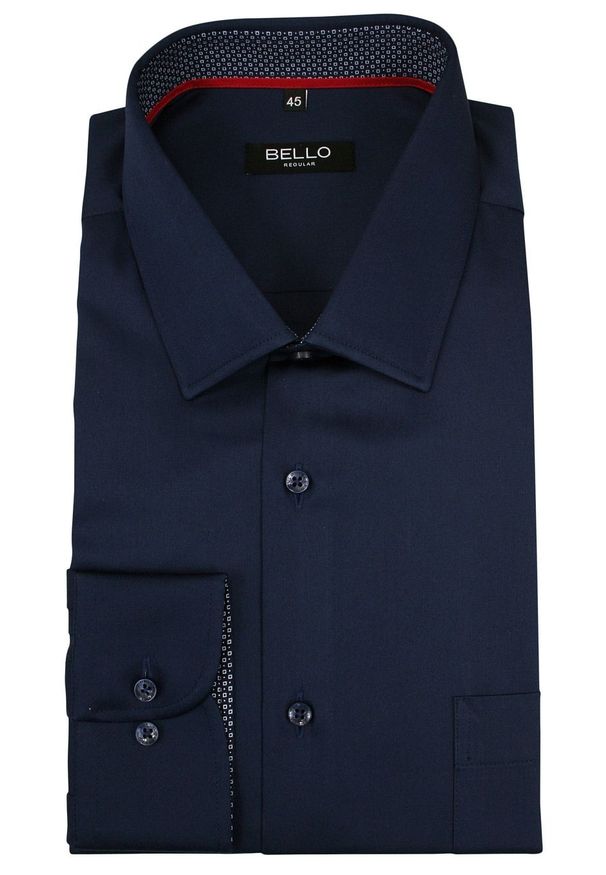 Bello - Granatowa Koszula Wizytowa, Długi Rękaw - BELLO - Elegancka, Klasyczna. Okazja: do pracy, na spotkanie biznesowe. Kolor: niebieski. Materiał: bawełna. Długość rękawa: długi rękaw. Długość: długie. Styl: wizytowy, klasyczny, elegancki