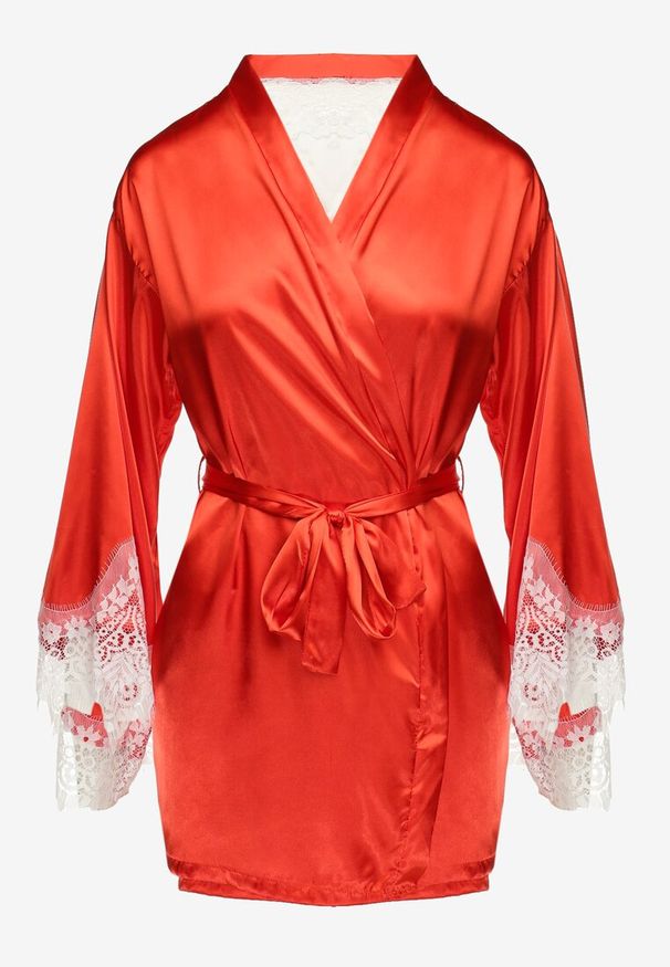 Born2be - Czerwony Satynowy Szlafrok z Koronką i Wiązaniem w Pasie Maelie. Kolor: czerwony. Materiał: satyna, koronka. Wzór: koronka
