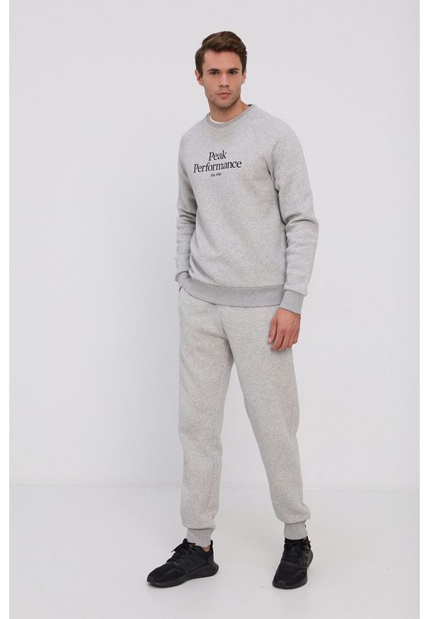 Peak Performance Bluza męska kolor szary melanżowa. Okazja: na co dzień. Kolor: szary. Materiał: bawełna, dzianina. Długość rękawa: raglanowy rękaw. Wzór: melanż. Styl: casual