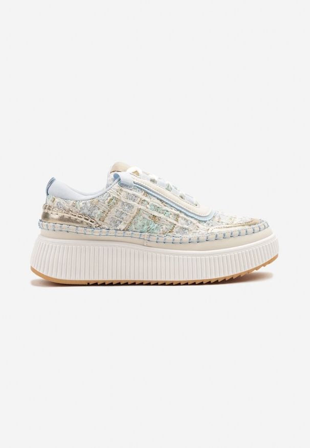 Born2be - Biało-Niebieskie Sneakersy na Grubej Podeszwie Zdobione Tweedem i Przeszyciami Ulamoriela. Okazja: na co dzień. Kolor: biały. Materiał: jeans. Wzór: aplikacja
