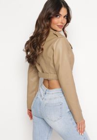Born2be - Beżowa Kurtka Ramoneska z Asymetrycznym Suwakiem Inika. Kolor: beżowy. Materiał: jeans. Styl: elegancki #3