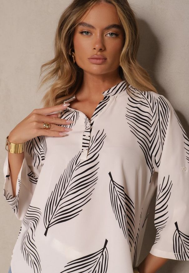 Renee - Jasnobeżowa Koszula z Bawełną i Motywem Liści Lumireline. Okazja: na co dzień. Kolor: beżowy. Materiał: bawełna. Styl: casual, elegancki