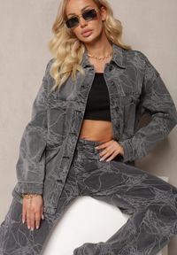 Renee - Ciemnoszara Jeansowa Kurtka w Marmurkowy Wzór Neirana. Kolor: szary. Materiał: jeans