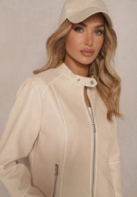 Renee - Beżowa Kurtka w Stylu Ramoneski z Ozdobnymi Paskiem i Suwakami Idivane. Okazja: na co dzień. Kolor: beżowy. Materiał: jeans. Styl: casual, rockowy