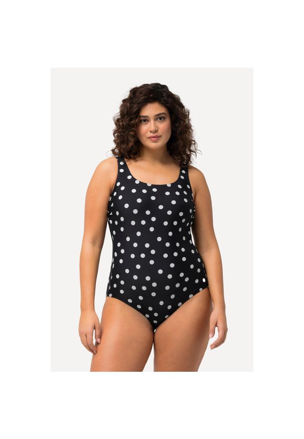 ULLA POPKEN - Damskie Kostium kąpielowy kropki bez miękkich miseczek okrągły dekolt. Kolekcja: plus size. Kolor: czarny. Materiał: materiał, poliester, elastan, poliamid. Wzór: kropki
