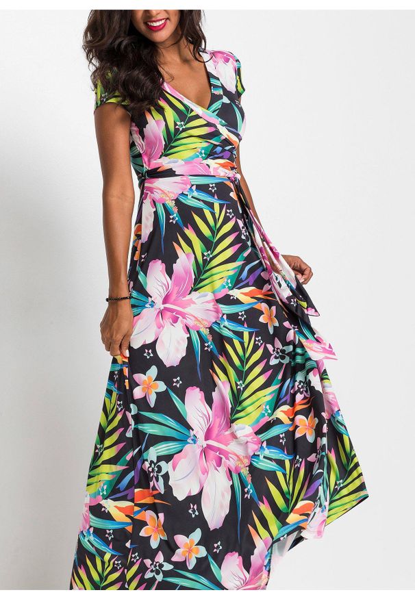 bonprix - Długa sukienka z założeniem kopertowym. Kolor: czarny. Typ sukienki: kopertowe. Długość: maxi