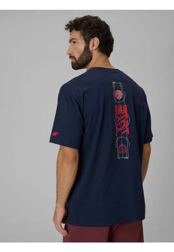 4f - 4F T-shirt loose z nadrukiem męski - granatowy L. Okazja: na co dzień. Kolor: niebieski. Materiał: materiał, bawełna, dzianina. Wzór: nadruk. Styl: casual