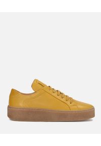 Kazar - Żółte sneakersy damskie kazar x kasia. Zapięcie: sznurówki. Kolor: żółty. Materiał: skóra, jeans. Szerokość cholewki: normalna. Wzór: aplikacja