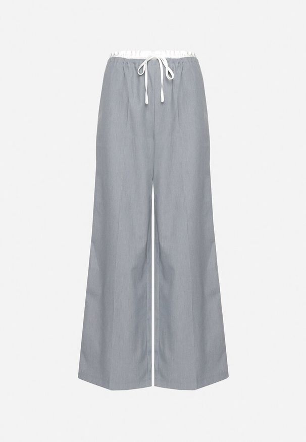 Born2be - Szare Spodnie z Szerokimi Nogawkami z Gumką w Pasie i Ściągaczem Fuma. Okazja: na co dzień. Kolor: szary. Materiał: guma, jedwab. Długość: długie. Styl: elegancki, casual