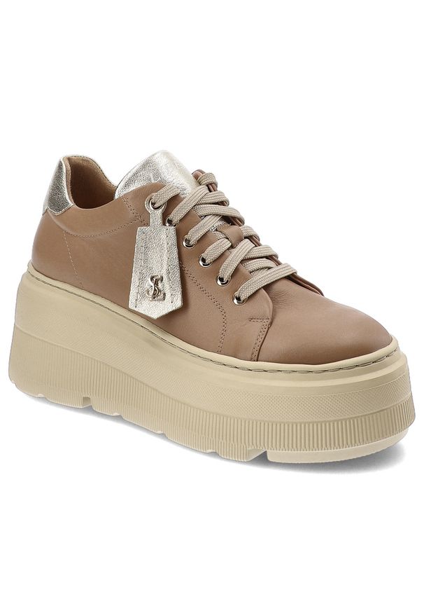 Brązowe Sneakersy Libero Modne Obuwie Damskie. Okazja: na co dzień. Zapięcie: sznurówki. Kolor: brązowy. Materiał: skóra, jeans. Styl: sportowy, elegancki, casual