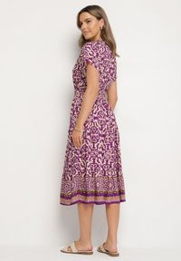 Born2be - Ciemnofioletowa Bawełniana Sukienka z Dekoltem w Serek Zapinana na Guziki z Gumką w Pasie Kelea. Okazja: na co dzień. Typ kołnierza: dekolt w serek. Kolor: fioletowy. Materiał: bawełna. Typ sukienki: proste. Styl: elegancki, casual, klasyczny, wizytowy #6