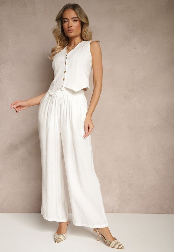 Renee - Białe Spodnie o Szerokim Kroju High Waist z Wiązaniem Fenalin. Okazja: na co dzień, na imprezę, na spacer. Stan: podwyższony. Kolor: biały. Styl: elegancki, casual