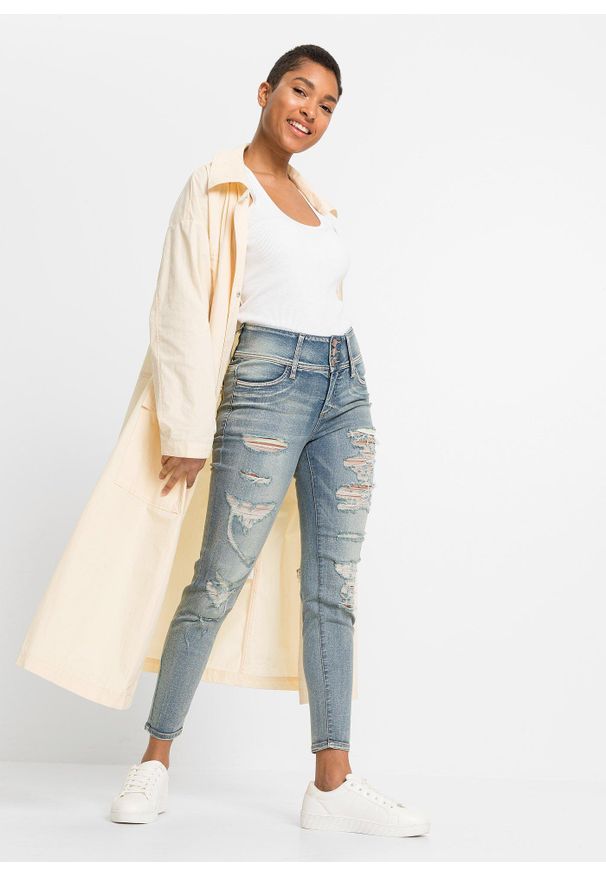 bonprix - Dżinsy SKINNY z wysoką talią i ozdobnymi przetarciami. Kolor: niebieski