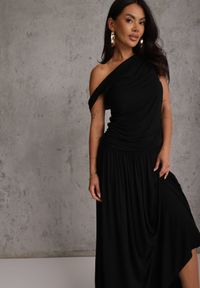 Renee - Czarna Koktajlowa Asymetryczna Sukienka Taliowana z Wiskozy na Jedno Ramię Pasacia. Okazja: na imprezę. Kolor: czarny. Materiał: wiskoza. Typ sukienki: asymetryczne. Styl: wizytowy #2
