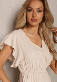 Renee - Beżowa Rozkloszowana Sukienka z Plisami Maxi z Falbankami przy Ramionach Nethula. Typ kołnierza: kołnierz z falbankami. Kolor: beżowy. Materiał: materiał. Typ sukienki: rozkloszowane, plisowane. Długość: maxi #4
