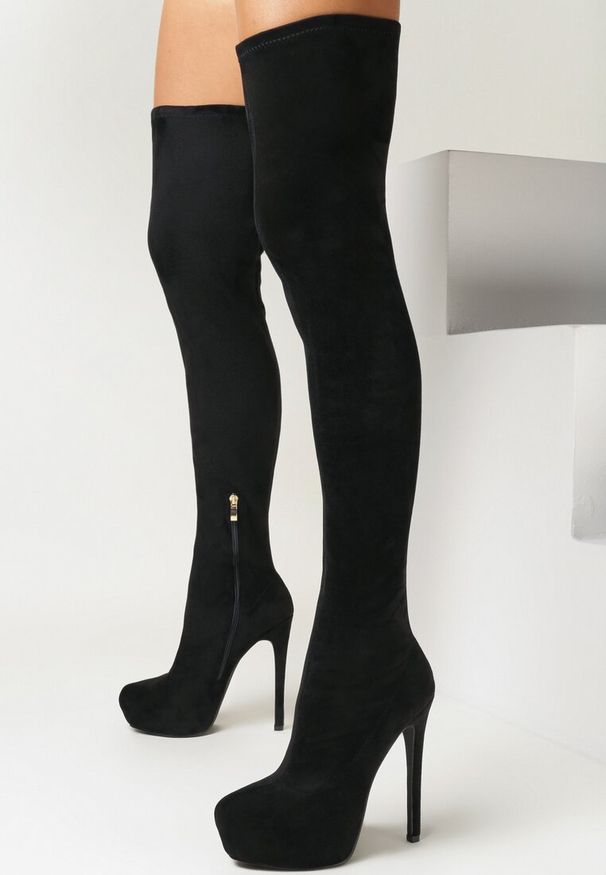 Born2be - Czarne Kozaki za Kolano na Wysokiej Szpilce i Platformie Bafiske. Wysokość cholewki: za kolano. Kolor: czarny. Obcas: na platformie