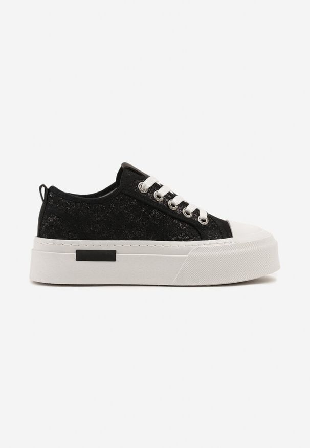 Born2be - Czarne Trampki na Grubej Podeszwie z Haftami Nolaura. Okazja: na co dzień. Kolor: czarny. Materiał: jeans, skóra. Wzór: haft. Styl: casual