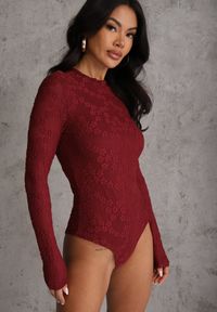 Renee - Bordowe Body Longsleeve z Koronki z Bawełną Zenisesa. Okazja: na co dzień, na imprezę. Typ kołnierza: kołnierzyk stójkowy. Kolor: czerwony. Materiał: bawełna, koronka. Długość rękawa: długi rękaw. Długość: długie. Wzór: koronka. Styl: elegancki, casual #6