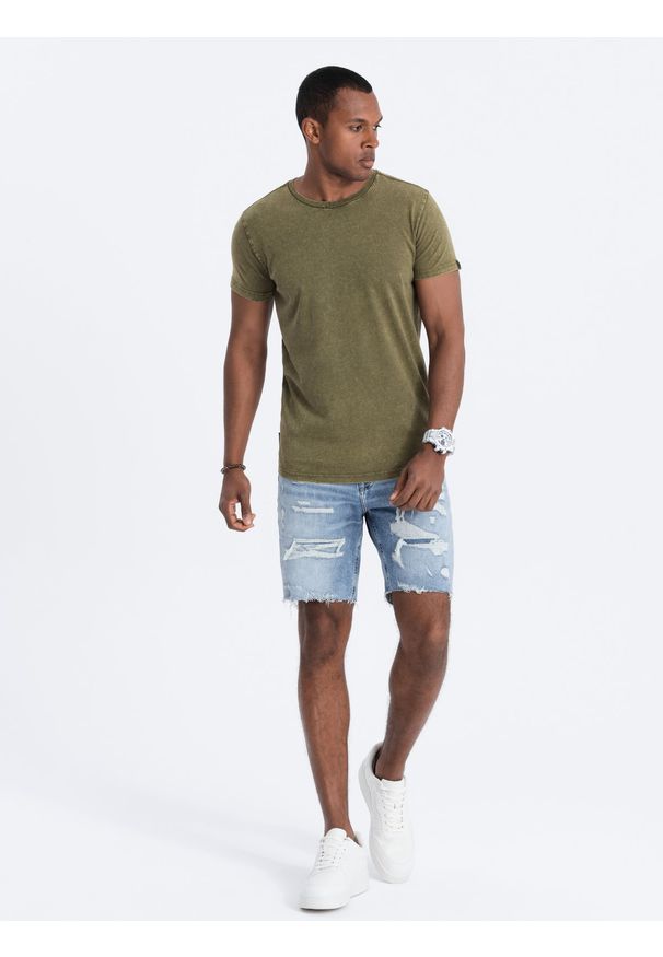 Ombre Clothing - T-shirt męski z efektem ACID WASH - oliwkowy V4 S1638 - S. Kolor: oliwkowy. Materiał: bawełna, dzianina