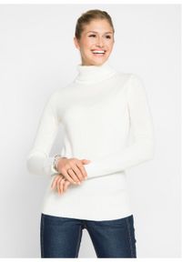 Sweter basic z golfem bonprix biel wełny. Typ kołnierza: golf. Kolor: biały. Materiał: wełna. Wzór: prążki #4