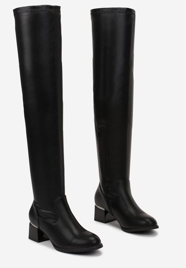 Renee - Czarne Kozaki za Kolano na Słupku z Metaliczną Wstawką Ramina. Wysokość cholewki: za kolano. Kolor: czarny. Obcas: na słupku