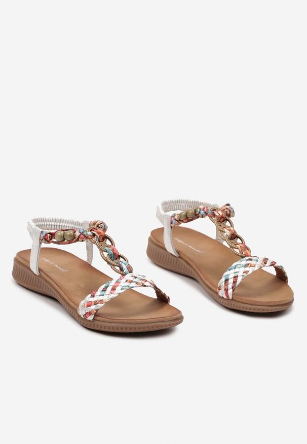 Born2be - Srebrne Sandały z Koralikami i Plecionymi Paseczkami Lomerae. Okazja: na co dzień. Kolor: srebrny. Sezon: lato. Obcas: na obcasie. Styl: boho, elegancki, casual, etno. Wysokość obcasa: niski