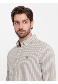 Ombre Clothing - Bawełniana koszula męska REGULAR FIT w drobne paski – beżowa V1 - Rozmiar: L. Kolor: beżowy. Materiał: bawełna. Wzór: paski. Styl: klasyczny