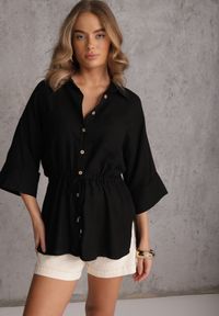 Renee - Czarna Koszula z Lnem Bawełną i Szerokimi Rękawami Moontwist. Okazja: na co dzień. Kolor: czarny. Materiał: bawełna, len. Styl: casual #4