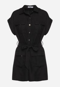 Born2be - Czarny Krótki Kombinezon z Zapinany na Guziki z Wiązaniem w Talii Senadea. Kolor: czarny. Długość rękawa: krótki rękaw. Długość: krótkie #4