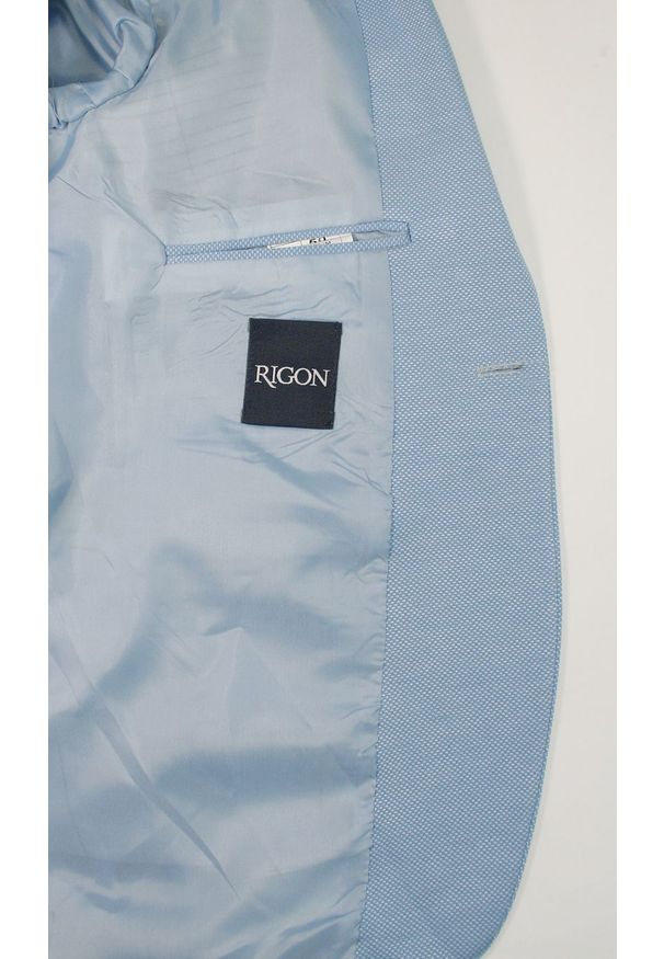 Rigon - Marynarka Błękitna, Niebieska Casualowa, Slim, Jeden Guziki, Jedno Rozcięcie -RIGON. Okazja: na co dzień. Kolor: niebieski. Materiał: wełna, lycra, wiskoza. Styl: casual