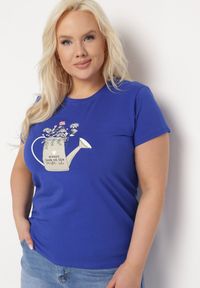 Born2be - Granatowy Bawełniany T-shirt z Ozdobnym Nadrukiem Littana. Okazja: na co dzień. Kolor: niebieski. Materiał: bawełna. Wzór: nadruk. Sezon: wiosna, lato. Styl: casual, klasyczny