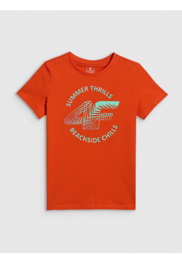 4f - 4F T-shirt loose z nadrukiem chłopięcy - czerwony 152 (11-12 lat). Okazja: na co dzień, na uczelnię. Kolor: czerwony. Materiał: dzianina, materiał, dresówka, bawełna, skóra. Wzór: nadruk. Sezon: lato. Styl: casual
