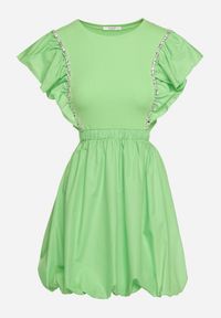 Born2be - Zielona Sukienka Altheia. Kolor: zielony. Materiał: bawełna, tkanina, tiul. Wzór: jednolity, aplikacja. Typ sukienki: bombki. Styl: klasyczny. Długość: mini #5