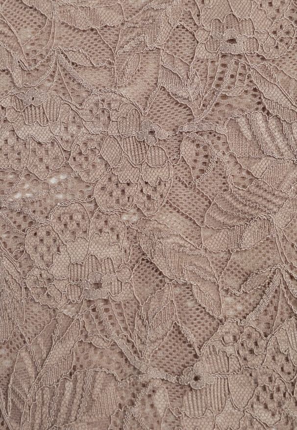 Renee - Brązowa Bluzka z Koronki Ozdobiona Rozkloszowanymi Rękawami i Falbanką na Dole Sanovia. Okazja: na co dzień. Kolor: brązowy. Materiał: koronka. Wzór: aplikacja, koronka. Styl: casual, elegancki