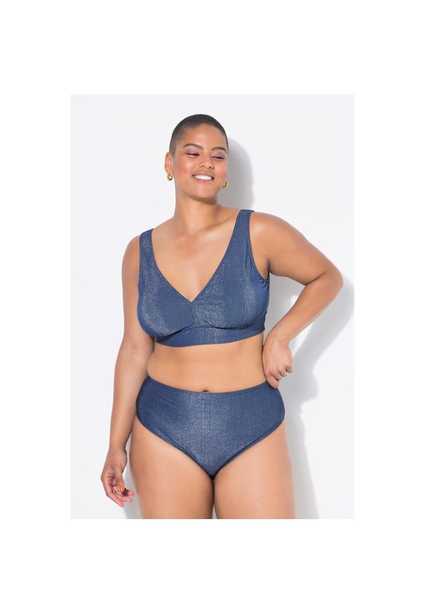 ULLA POPKEN - Damskie Figi od bikini wysoki stan efekt brokatu. Stan: podwyższony. Kolekcja: plus size. Kolor: niebieski. Materiał: poliester, materiał, poliamid, włókno, elastan