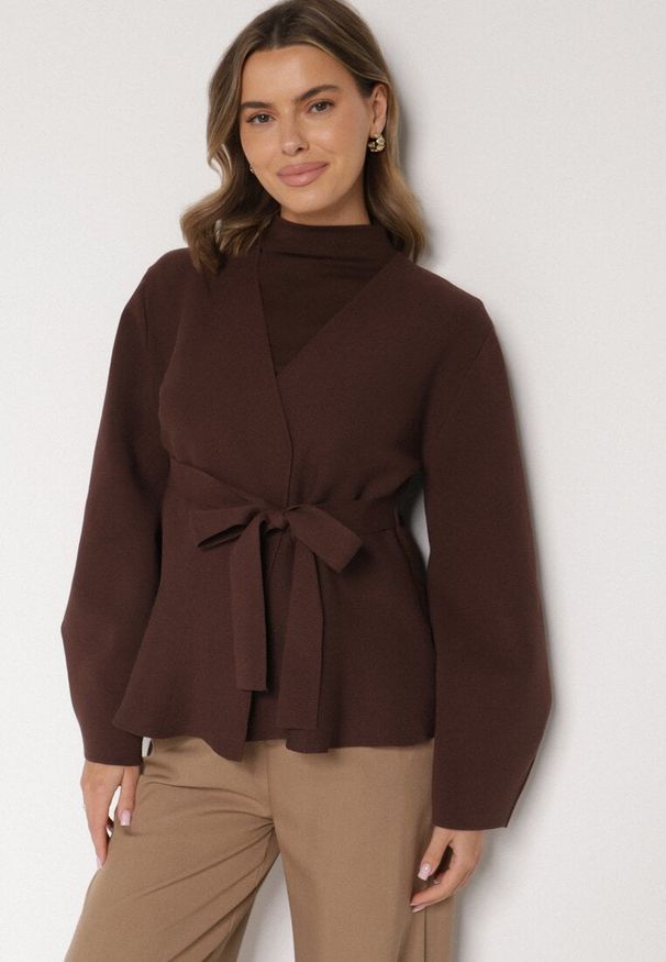 Born2be - Brązowy Kardigan z Wiskozą i Wiązaniem w Pasie Tusvela. Okazja: na co dzień. Kolor: brązowy. Materiał: wiskoza. Styl: casual