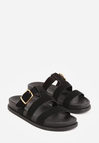 Born2be - Czarne Klapki z Geometryczną Cholewką i Klamrą z Boku Endrita. Okazja: na co dzień. Kolor: czarny. Wzór: geometria. Styl: casual, klasyczny #4