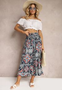 Renee - Granatowe Spodnie Kuloty z Bawełny High Waist z Gumką w Pasie Palovia. Stan: podwyższony. Kolor: niebieski. Materiał: bawełna. Sezon: lato #5