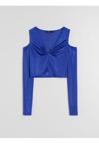 Sinsay - Welurowa bluzka z odkrytymi ramionami i marszczeniem przy dekolcie - niebieski. Kolor: niebieski. Materiał: welur #1