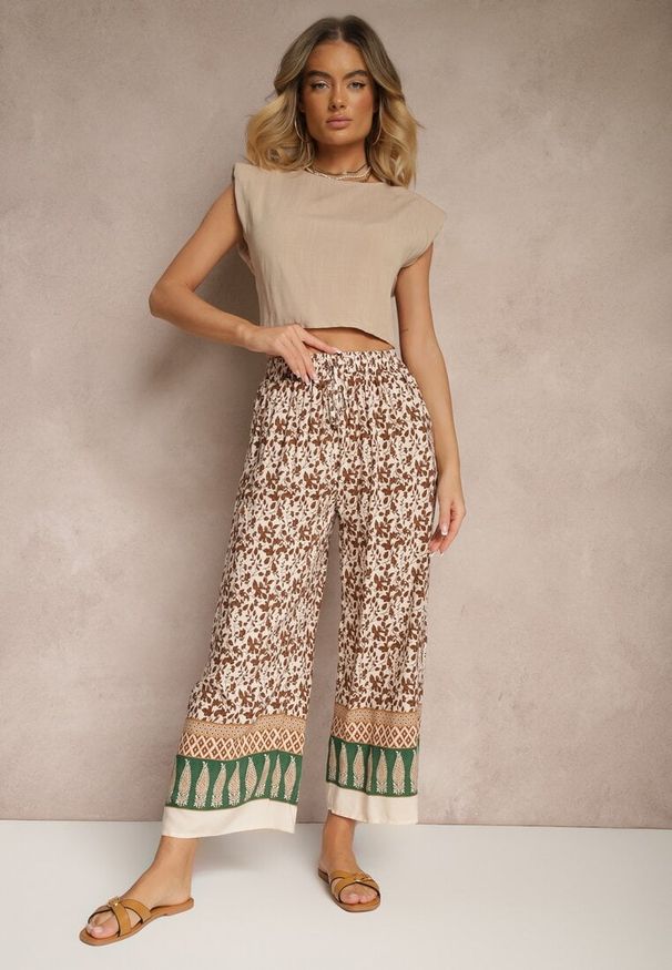 Renee - Brązowe Spodnie z Bawełny High Waist z Abstrakcyjnym Wzorem Lisathiela. Okazja: na co dzień. Stan: podwyższony. Kolor: brązowy. Materiał: bawełna. Styl: casual