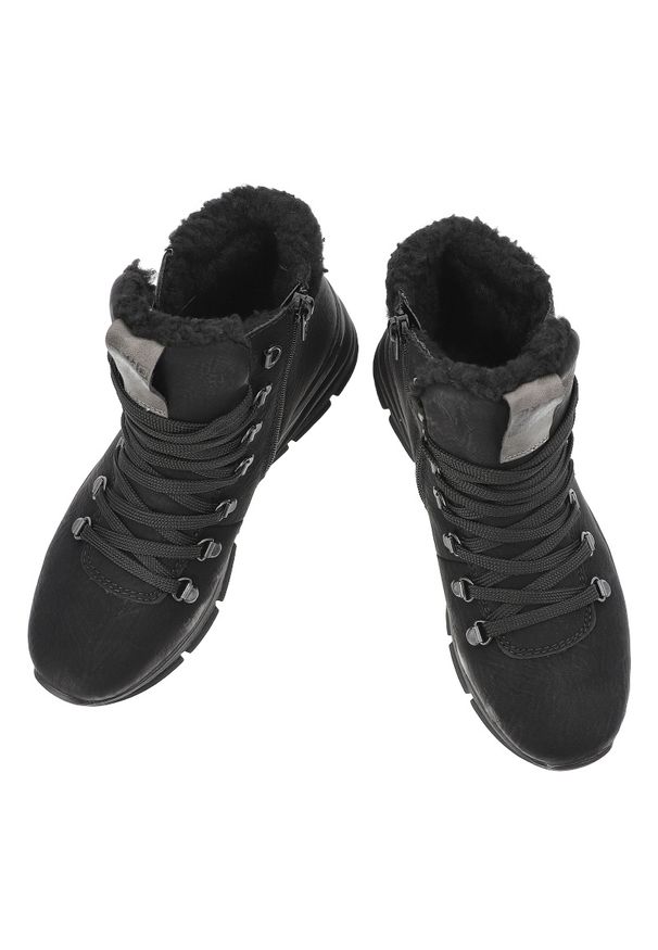 Botki damskie Rieker, antistress na grubej podeszwie ocieplane futerkiem i na suwak, czarne, 48034-00-Black. Okazja: na co dzień. Wysokość cholewki: przed kolano. Zapięcie: sznurówki. Kolor: czarny. Materiał: futro. Szerokość cholewki: normalna. Sezon: zima. Styl: casual, klasyczny, sportowy