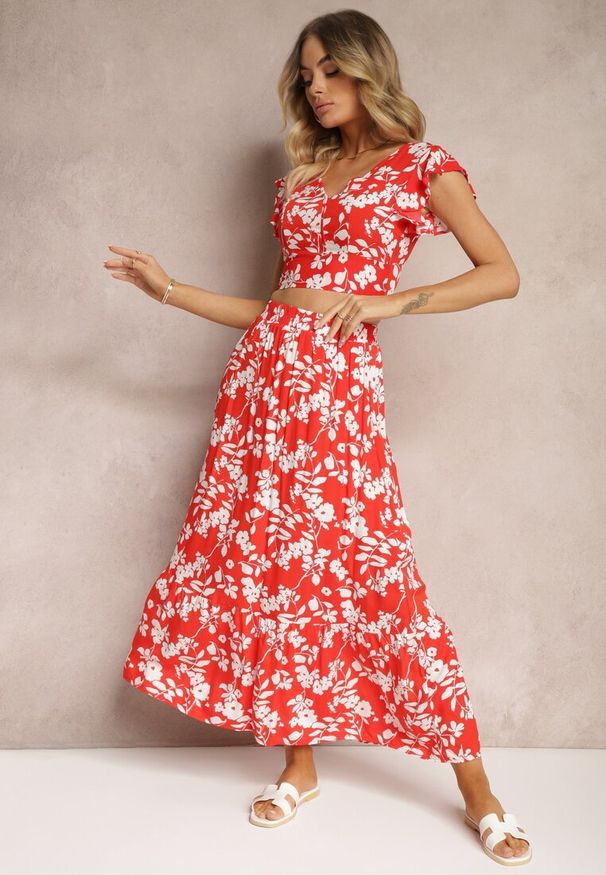 Renee - Czerwono-Biały Wiskozowy Komplet w Kwiatki z Bluzką i Rozkloszowaną Spódnicą Pienara. Kolor: czerwony. Materiał: wiskoza. Wzór: kwiaty