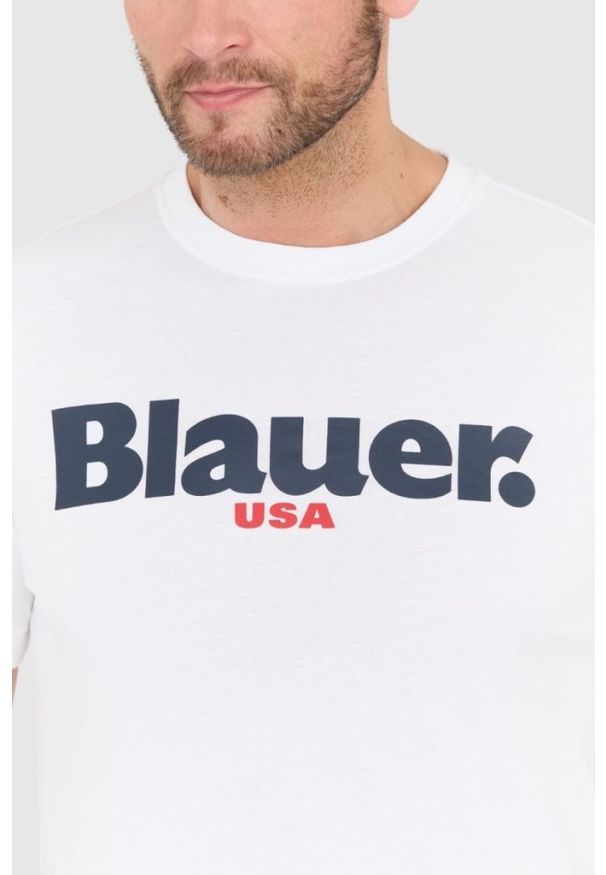 Blauer USA - BLAUER Biały męski t-shirt z dużym logo, Rozmiar L. Kolor: biały