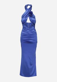 Born2be - Niebieska Satynowa Sukienka Wiązana na Szyi z Wycięciem pod Biustem i Różyczką Roneza. Kolor: niebieski. Materiał: satyna. Styl: elegancki #5