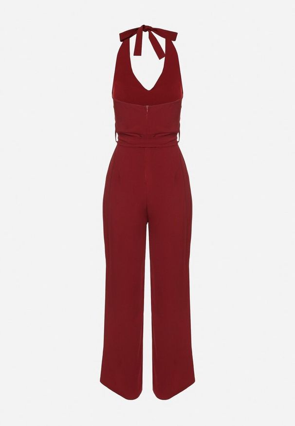 Born2be - Bordowy Taliowany Kombinezon z Paskiem Wiązaniem i Odkrytymi Plecami Malurea. Okazja: na imprezę, na co dzień. Kolor: czerwony. Materiał: jeans. Sezon: lato. Styl: casual