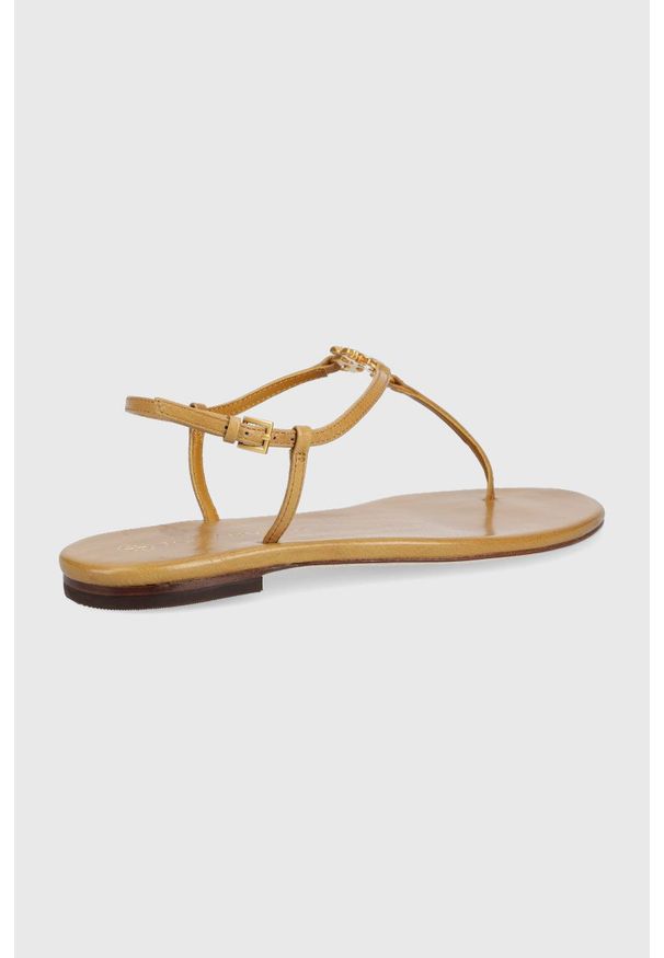 Tory Burch sandały skórzane Capri damskie kolor brązowy. Zapięcie: klamry. Kolor: brązowy. Materiał: skóra. Obcas: na obcasie. Wysokość obcasa: niski