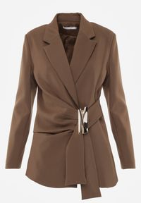 Renee - Brązowa Marszczona Marynarka Taliowana z Wiskozą z Ozdobą przy Wiązaniu Zynelle. Kolor: brązowy. Materiał: wiskoza. Wzór: aplikacja. Styl: elegancki #7